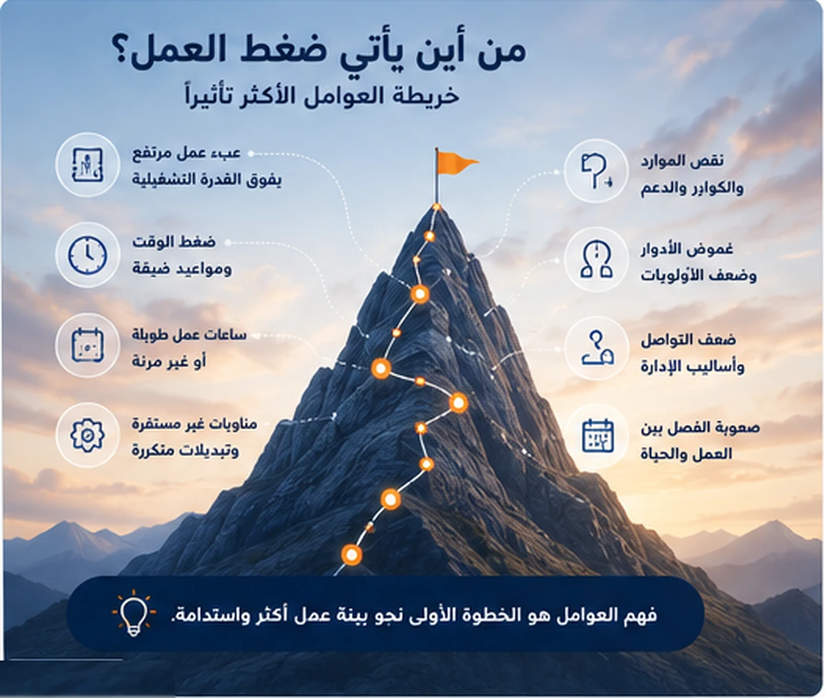 من أين يأتي ضغط العمل؟ خريطة توضح أبرز مصادر ضغط العمل مثل عبء العمل وضغط الوقت ونقص الموارد وعدم استقرار الجداول