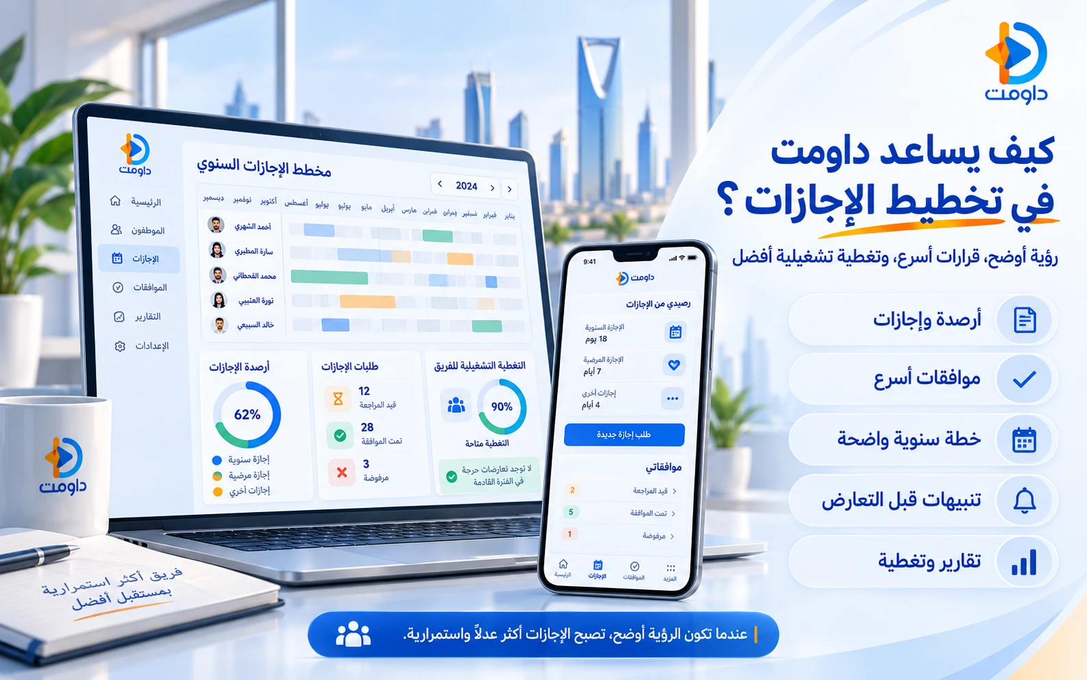 كيف يساعد داومت في تخطيط الإجازات؟ كيف تساعد منصة داومت على تنظيم طلبات الإجازات والأرصدة والموافقات والتخطيط السنوي ومتابعة التغطية